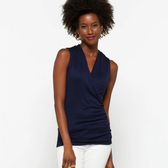 Sleeveless, navy blue wrap top. Size XXL. Very flattering! - Picture 3 of 5